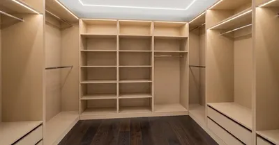 Современная корпусная гардеробная бежевого цвета в полный рост с интегрированной LED-подсветкой полок и темным ламинатом.